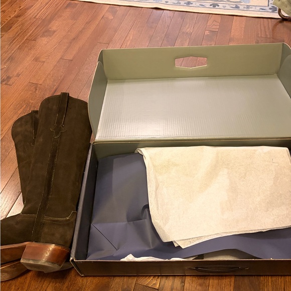 Lucchese Dark Brown Suede Edie boots with Green Stitching - Picture 2 of 11